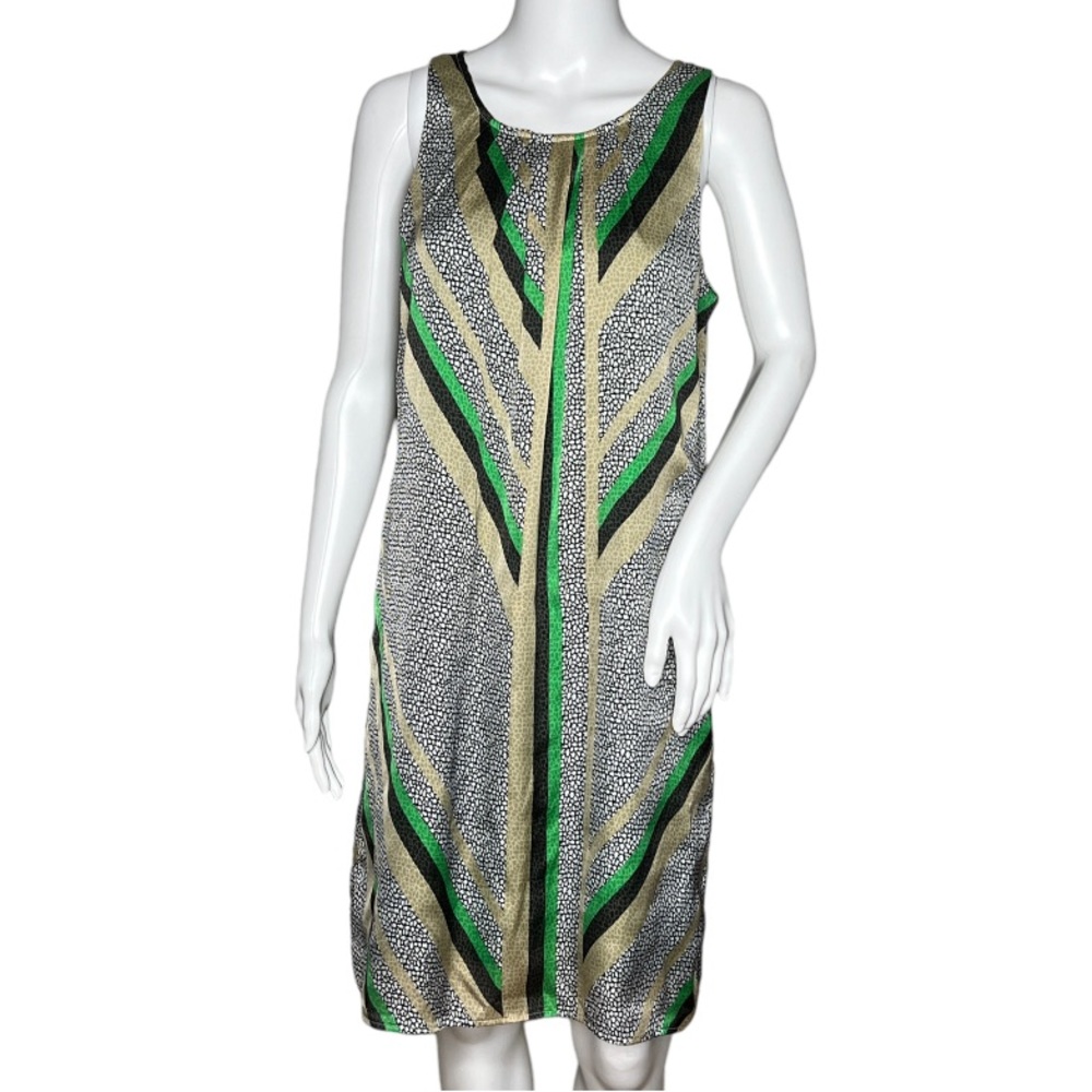 Dana Buchmanā Dress Womens Medium Green Gold Geometric Satin Party Colorful